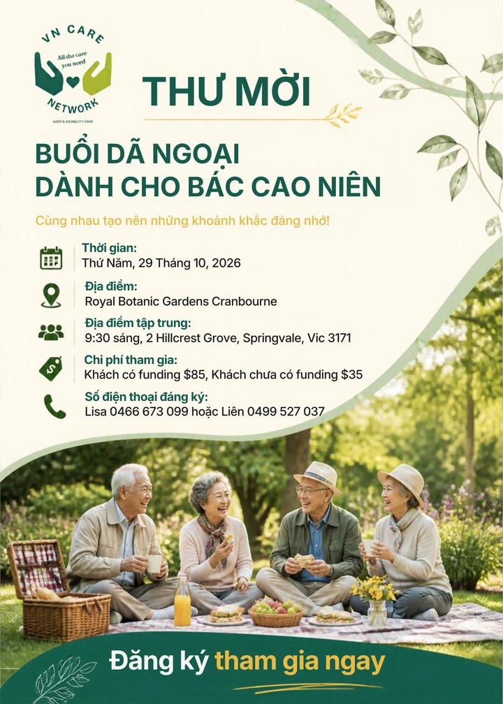 Vietnamese invitation to the seniors’ outing on 29 October 2026, with the event details also provided in text on this page