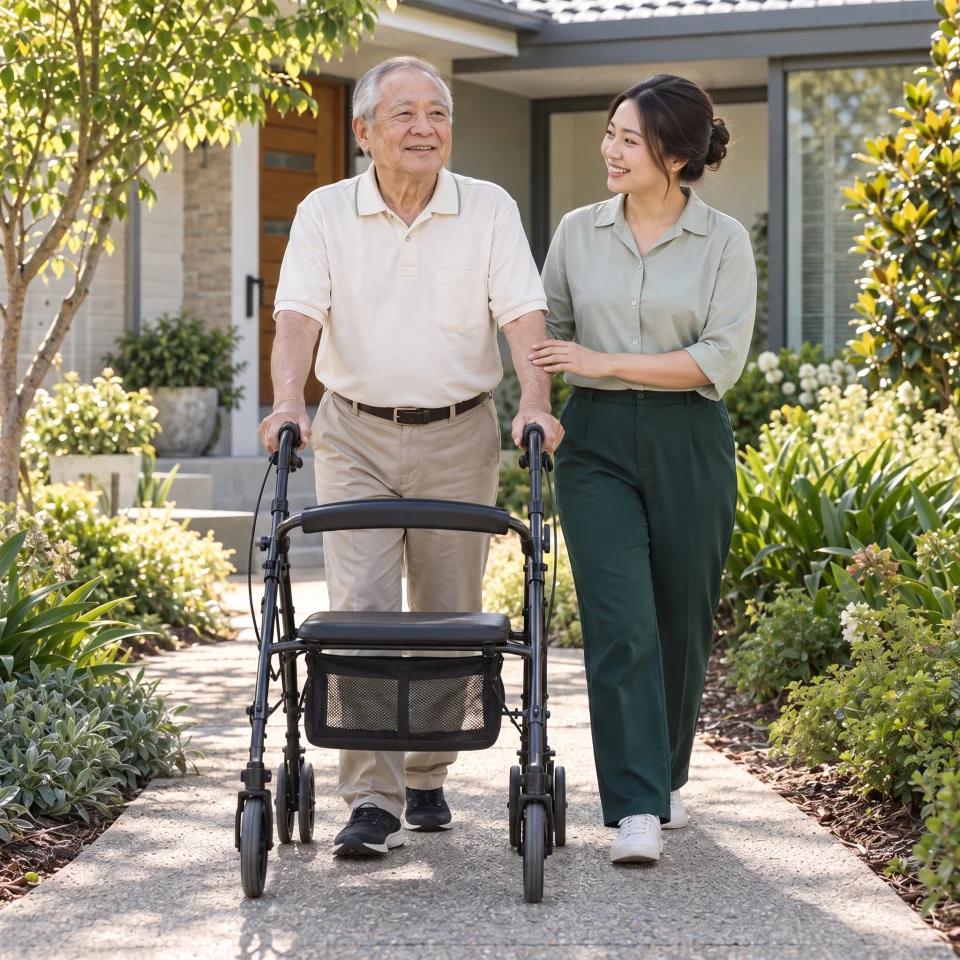 A care worker supporting an older man as he walks outdoors